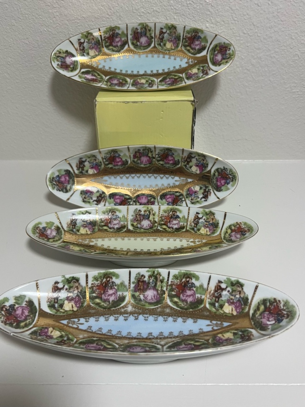 Royal Vienna Porcelain Oval Serving Tray Set in Pastel Blue, Pink and Gold